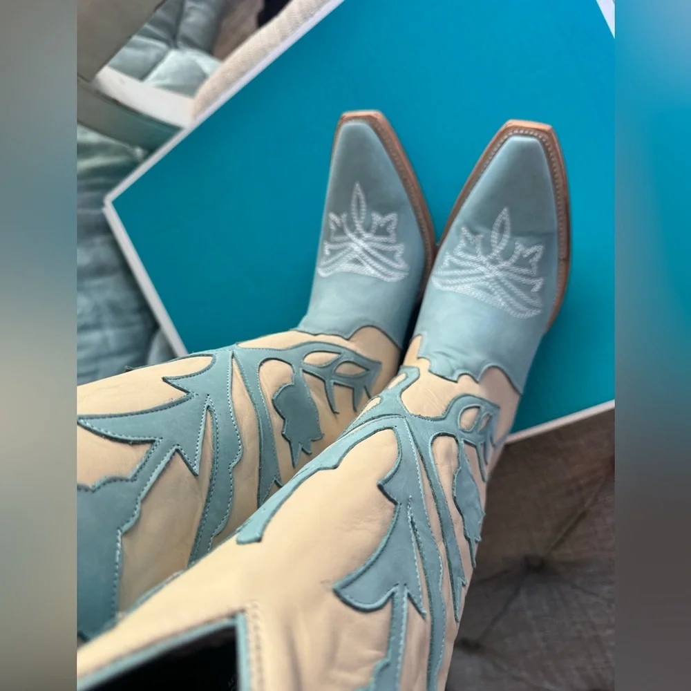 Lane Jolene Blue and Cream Floral Heeled Boots - Picture 7 of 13